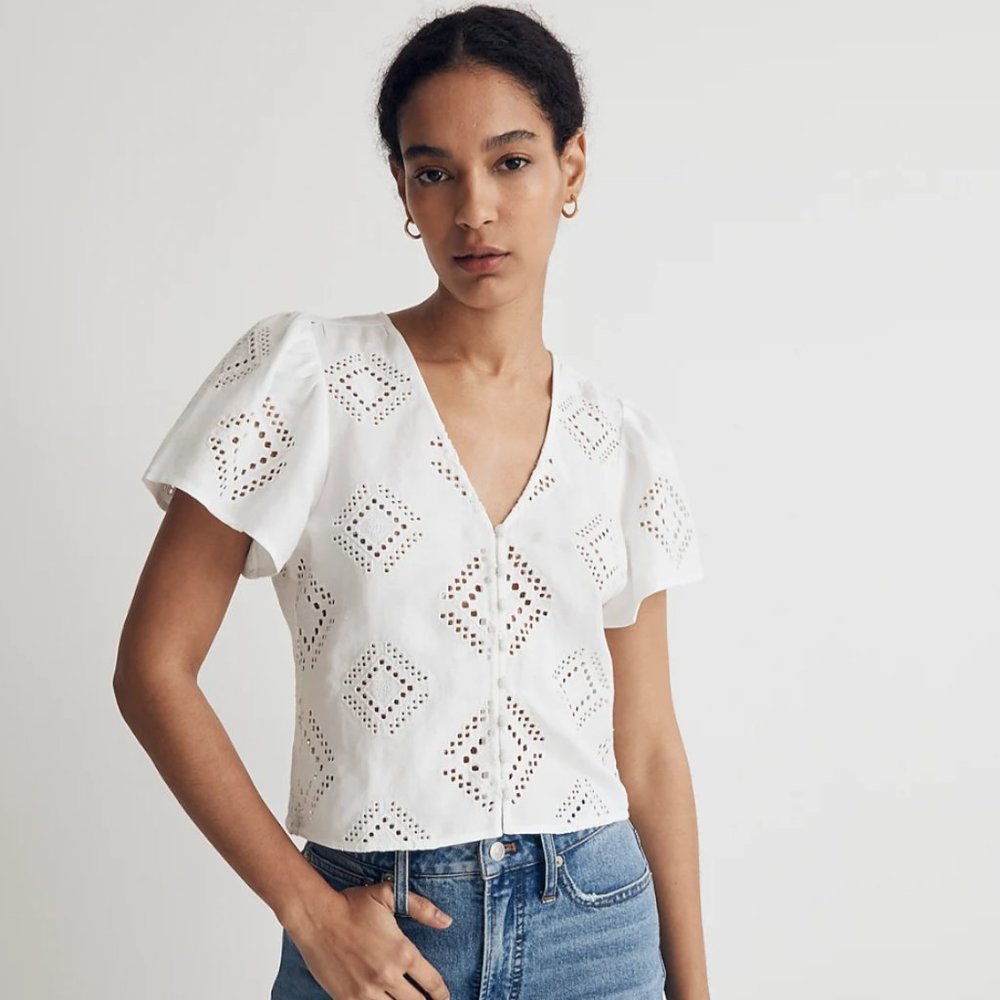 Madewell Eyelet Flutter-Sleeve Top (Size XS)